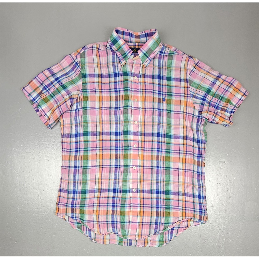 Ralph Lauren Button Up Shirt Mens Large Madras Gras Plaid Linen Pink SS